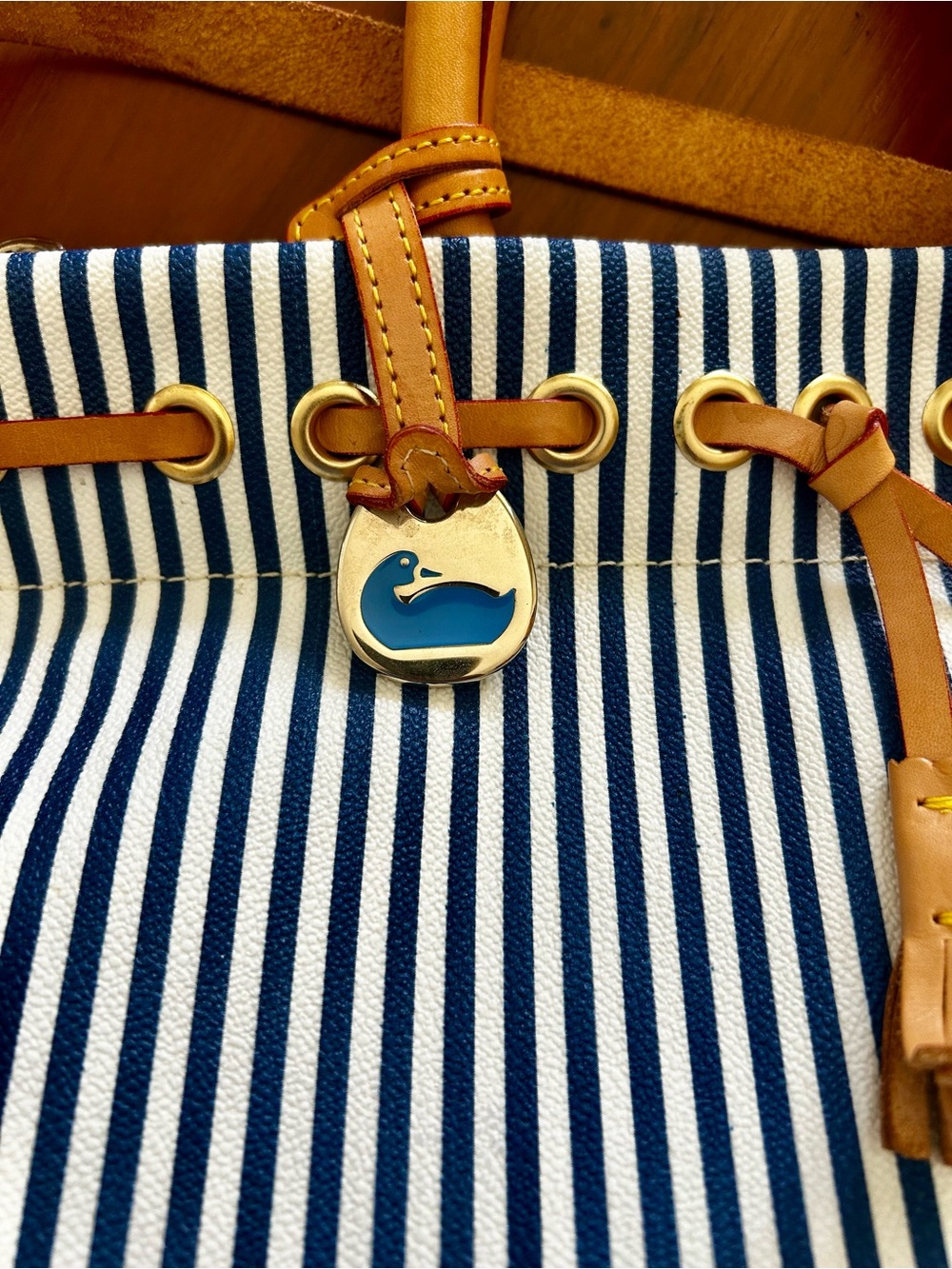 Dooney & Bourke Vintage Striped Navy and White Canvas Tote with Tan Leather Trim - Picture 4 of 10